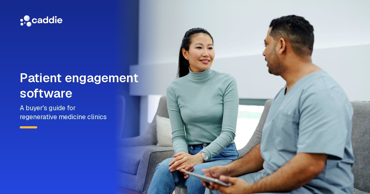 A smiling patient sits in a bright clinic lounge talking with a clinician who holds a tablet, beside the title Patient engagement software.