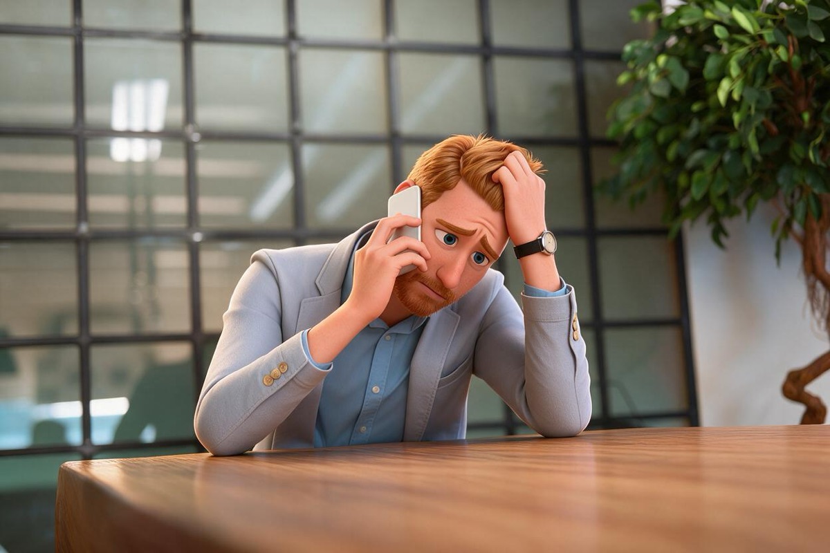 A stressed clinic owner on the phone at their desk